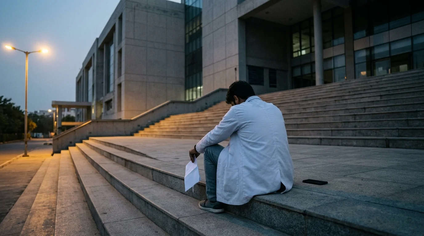A young doctor sitting alone on college steps at dusk holding his result