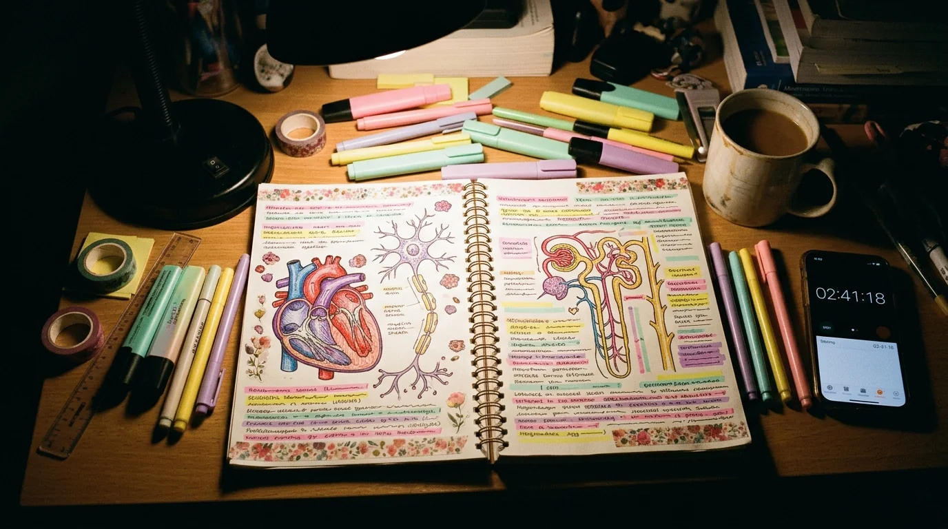 An over-decorated notebook surrounded by dozens of highlighters