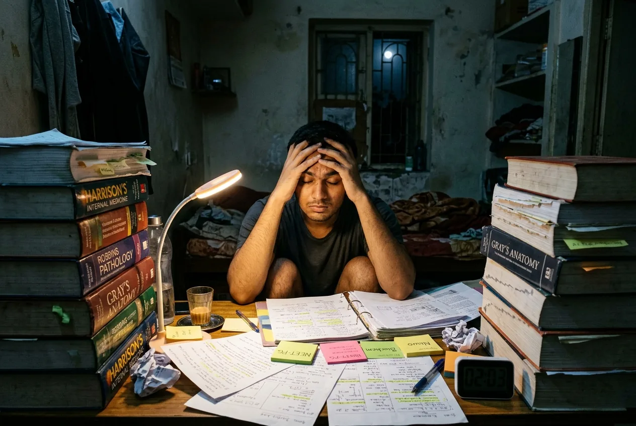 Student buried under textbooks and printouts